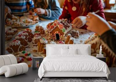 A table filled with various candies, icing, and gingerbread house pieces, with children or friends gathered around eating candies Wall mural