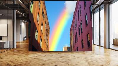 A vibrant rainbow arches over an alleyway, between two brick buildings. Wall mural