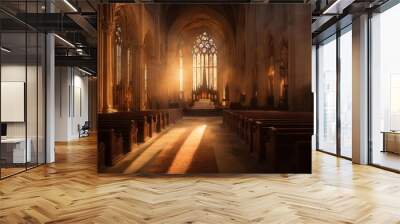 Catholic christians church view at a  sunrise, sunrise light leak in a church praying Wall mural