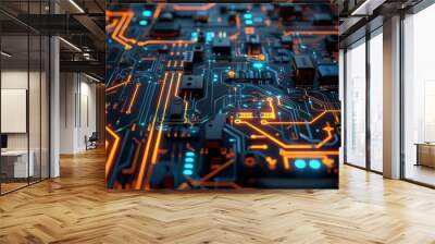 Close-up of a circuit board with glowing orange and blue wires. Wall mural