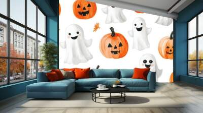 Cute ghosts and pumpkins in watercolor style. Wall mural