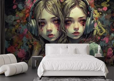 Dual life personality, vampire duality, zombie mental unwell girl illustration design abstract art showcasing the auditory Hallucinations  and dementia Wall mural