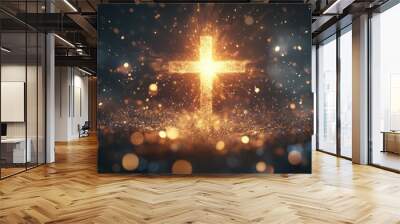 Glowing cross with bokeh lights Jesus christ Christianity background Wall mural