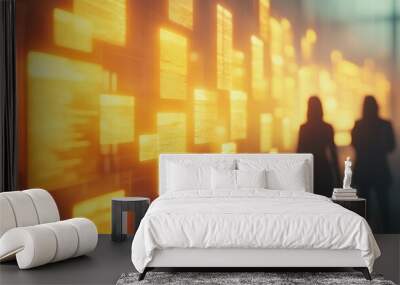 Two figures walk past a wall of glowing rectangular lights. Wall mural