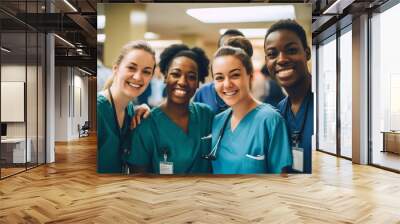 a group of smiling medical workers standing in hospital corridor Wall mural