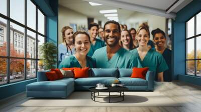 a group of smiling medical workers standing in hospital corridor Wall mural