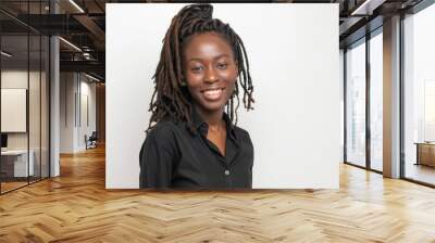 African woman with dreadlocks standing over white background smiling looking to the camera Wall mural