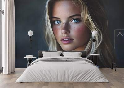 Close Up Portrait of a Young Woman with Blonde Hair and Blue Eyes Wall mural