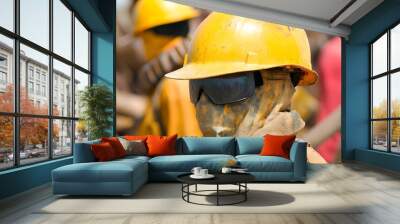 Construction Worker Covered in Mud with Yellow Hard Hat and Safety Glasses Wall mural