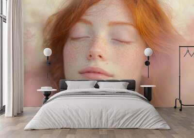 Portrait of a Beautiful Redhead with Closed Eyes Wall mural