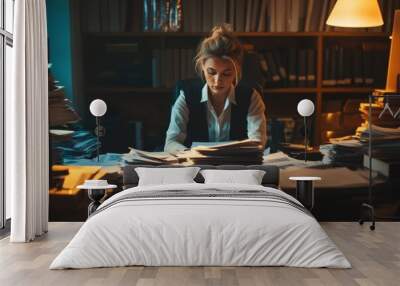 tired businesswoman sitting at her desk surrounded by piles of paperwork Wall mural