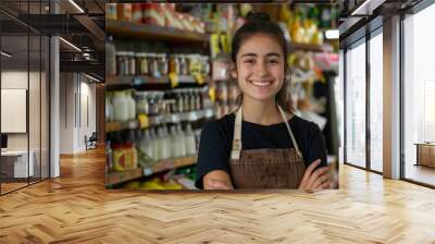 Young latin shopkeeper girl with arms crossed smiling happy Wall mural