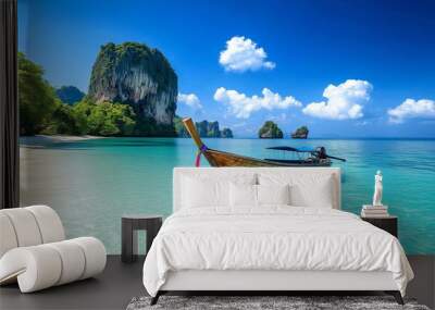 A one Thai boat floating on the emerald transparent sea under the blue sky. Beach scenery of Phi Phi Island, Thailand. Summer vacation, relaxation, travel, leisure background. Wall mural