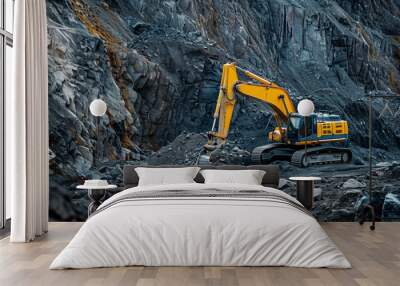 a one yellow construction excavator working in a rock quarry. industrial machinery, heavy equipment. Wall mural