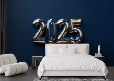 A shiny, metallic gold number '2025' rendered in three dimensions.
Isolated on dark blue background. New Year, End of Year, Event, Festival, Anniversary, Party, Future, Beginning, start. Wall mural