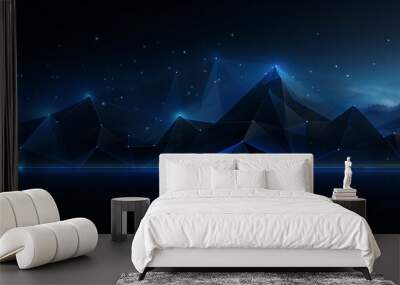 Blue triangles wireframe landscape on dark blue background - Generative AI Wall mural