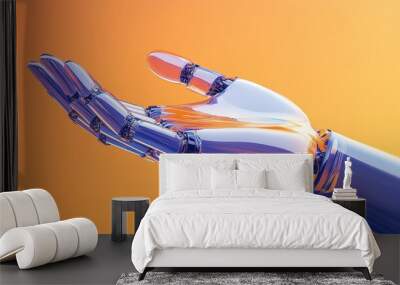 Close-up of the robot's right hand. Blue-tinted glass texture with light reflections. Isolated on orange background. Futuristic, technology, innovation, robot, human, AI, android concept. Wall mural