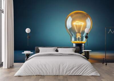 Light bulb over Blue background in vision and idea conceptual image, copy space - Generative AI Wall mural