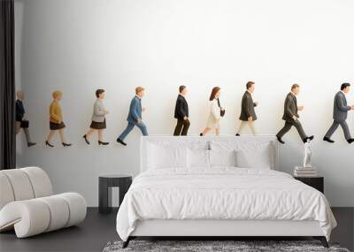 Various business men and women miniature figures in clay texture standing in a line and walking. side view close-up. Isolated on white background. Wall mural