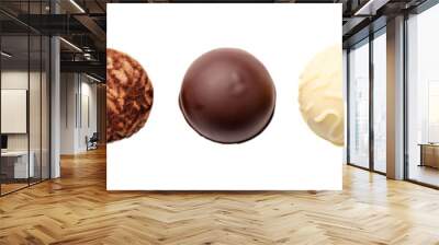 Various chocolate pralines isolated on white background. Top view - Generative AI Wall mural