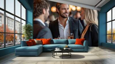 A group of business professionals enjoying a networking event in a chic, modern lounge, holding drinks and engaging in casual conversation, with a mix of formal and informal attire Wall mural