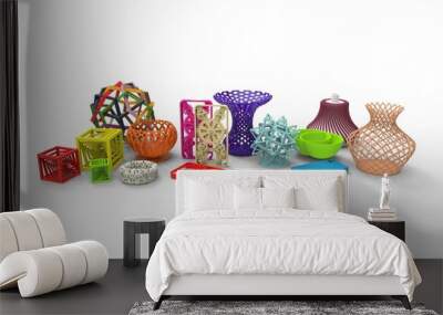 3D rendering of collection of colored complex typical 3D print products demonstrating the possibilities of 3d printing on a white background Wall mural