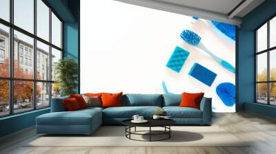 Blue cleaning kit. Bottles, spray, brushes, sponges flat lay on the white background with copy space Wall mural