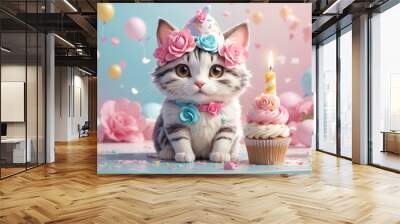 cute cat with birthday cake and colorful background Wall mural