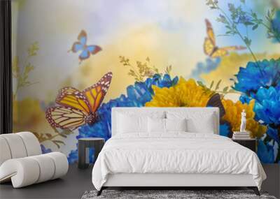 Yellow and blue fresh chrysanthemum, butterfly Wall mural