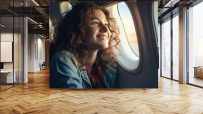 Woman in the airplane looking out window Wall mural