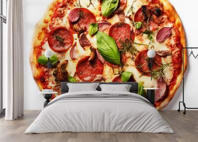 Photo of delicious pizza with basil, mushrooms and salami on a white background Wall mural