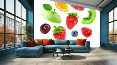 Mixed fruits on white background. Fruits falling Wall mural