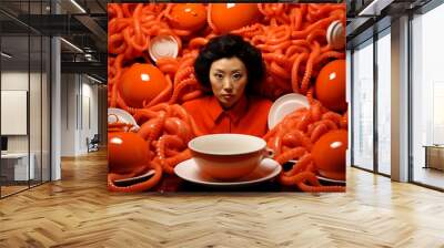 An Asian woman positioned behind a teacup and a teapot surrounded by octopus tentacle-like noodles Wall mural