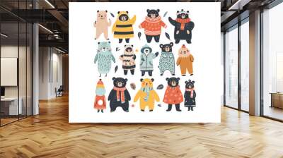 Hand drawn vector set of cute funny various bears wearing various clothes design vector illustration Wall mural