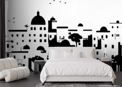 A city skyline with tall buildings and a church. Monochrome isolated vector cityscape Wall mural