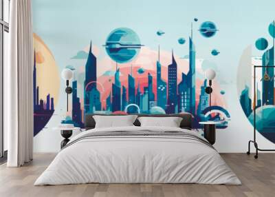 Abstract flat vector illustration of futuristic sky city. Wall mural