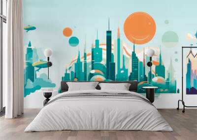 Abstract flat vector illustration of futuristic sky city. Wall mural