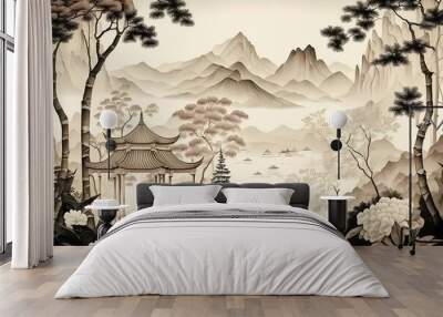 Beautiful landscape of mountains with gardens and flowers by chinese style. Beige, pastel colors. High quality illustration Wall mural