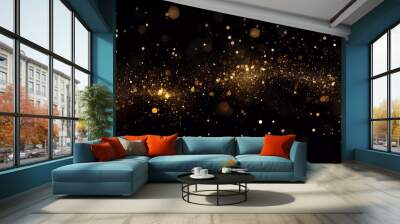 Dark background with golden glowing. Small gold particles on a black background. Wall mural