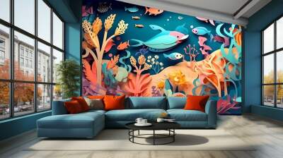 Illustration of underwater scene with coral reef and fish. paper cut and craft style illustration. Ai generative Wall mural