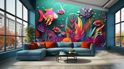 Illustration of underwater scene with coral reef and fish. paper cut and craft style illustration. Ai generative Wall mural