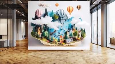 Landscape of fantasy whimsical island with forest and mountains, hot air balloon over the sea, paper craft art or origami style. Ai generative Wall mural