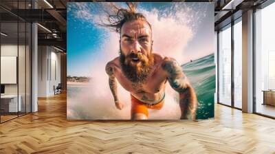 Man surfer in the water in motion, he is overwhelmed with emotions. Extreme sport. Go pro wide angle shot. Ai generated Wall mural