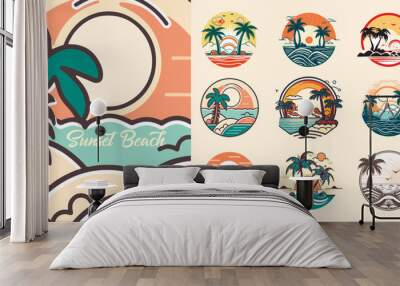 Summer beach island with palm trees in the ocean. Vector emblem of travel, holiday, resort. Vector Logo collection. Wall mural