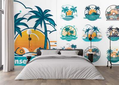 Summer beach island with palm trees in the ocean. Vector emblem of travel, holiday, resort. Vector Logo collection. Wall mural