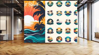 Summer beach island with palm trees in the ocean. Vector emblem of travel, holiday, resort. Vector Logo collection. Wall mural