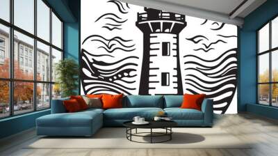 Vector ornamental traditional decorative lighthouse at the sea illustration. Abstract historical mythology lighthouse logo. Good for print or tattoo Wall mural