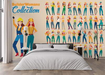 Young beautiful vector builder woman figures collection. Set of vector girls Wall mural