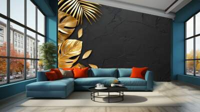 An elegant wallpaper with tropical palm leaves in black and gold. Ideal for interior design. Wall mural