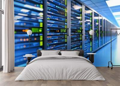 An HD rendering of the servers room in the data center with bright bokeh light going through the corridor Wall mural